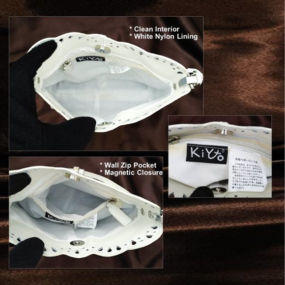 KIYTO Japan white Leather Satchel Perforated Scalloped Edge Shoulder Bag Purse - Picture 8 of 11